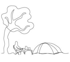 Sketch outline concept minimal travel camp picnic backpack drawing continuous line art. Camping hiking adventure concept hand drawn with white ioslated background. Abstract,illustration. vector