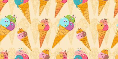 Seamless ice cream pattern. Ice cream in a cone on yellow background. Summer background. vector