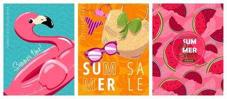 A set of vertical posters for the summer sale. Bright, modern design with summer elements. vector