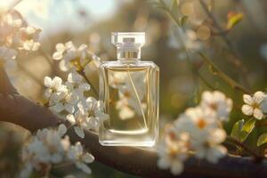Transparent glass bottle of perfume standing on background with white blooming tree branches. Elegant luxury fragrance presentation with spring soft sunlight photo