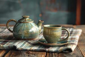 A ceramic tea pot and cup on a rustic wooden table with a plaid tablecloth, evoking a health and ceremony concept. photo