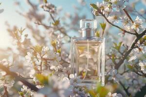 Transparent glass bottle of perfume standing on background with white blooming tree branches. Elegant luxury fragrance presentation with spring soft sunlight photo