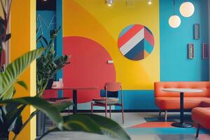 Modern interior of open co-working space with ergonomic furniture and dynamic bold colors, geometric pattern on walls photo