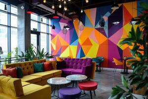 Modern interior of open co-working space with ergonomic furniture and dynamic bold colors, geometric pattern on walls photo