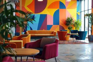 Modern interior of open co-working space with ergonomic furniture and dynamic bold colors, geometric pattern on walls photo