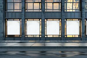 Row of empty billboards on the facade of a modern building, mockup concept, set on a city street backdrop photo