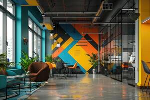 Modern interior of open co-working space with ergonomic furniture and dynamic bold colors, geometric pattern on walls photo