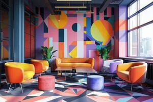 Modern interior of open co-working space with ergonomic furniture and dynamic bold colors, geometric pattern on walls photo