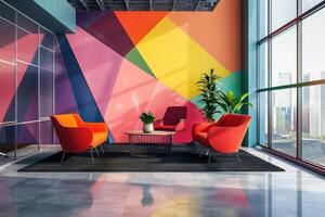Modern interior of open co-working space with ergonomic furniture and dynamic bold colors, geometric pattern on walls photo