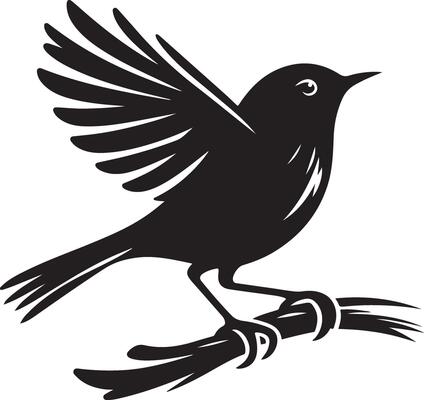 Black artwork illustration of a flying robin bird silhouette, capturing the graceful motion and elegance of this avian in a simple yet striking design.