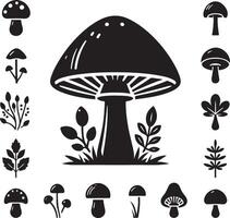 Mushroom silhouettes, graphic drawing with lines, black and white cut truffle, porcini mushroom, shiitake and chanterelles isolated vector