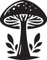 Mushroom silhouettes, graphic drawing with lines, black and white cut truffle, porcini mushroom, shiitake and chanterelles isolated vector