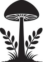 Mushroom silhouettes, graphic drawing with lines, black and white cut truffle, porcini mushroom, shiitake and chanterelles isolated vector