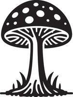 Mushroom silhouettes, graphic drawing with lines, black and white cut truffle, porcini mushroom, shiitake and chanterelles isolated vector