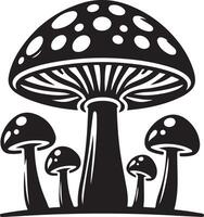 Mushroom silhouettes, graphic drawing with lines, black and white cut truffle, porcini mushroom, shiitake and chanterelles isolated vector