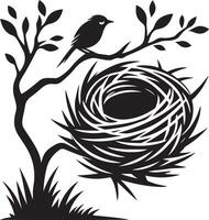 Bird Nest with Eggs Pen and Ink Drawing, Illustration of a bird's nest. Hand-drawn sketch converted vector