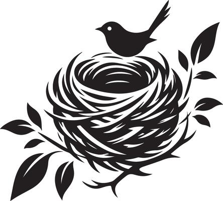 Bird Nest with Eggs Pen and Ink Drawing, Illustration of a bird's nest. Hand-drawn sketch converted