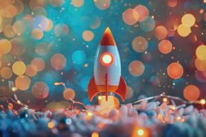 A playful toy rocket stands ready for an imaginary journey, set against a magical, colorful bokeh background. photo
