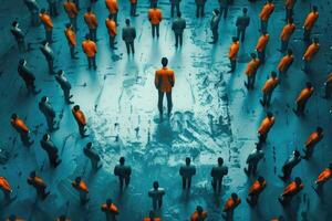 Human resource management and recruitment business concept. One person standing in epicenter photo