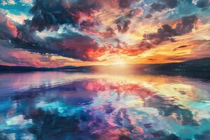 An image of a vibrant sunset over a serene lake, with colorful reflections shimmering on the water photo
