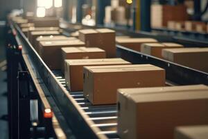 Closeup of multiple cardboard box packages seamlessly moving along a conveyor belt in a warehouse fulfillment center, a snapshot of e-commerce, delivery, automation, and products. photo