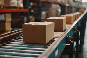 Closeup of multiple cardboard box packages seamlessly moving along a conveyor belt in a warehouse fulfillment center, a snapshot of e-commerce, delivery, automation, and products. photo