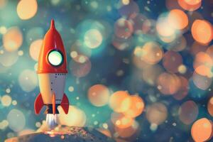 A playful toy rocket stands ready for an imaginary journey, set against a magical, colorful bokeh background. photo