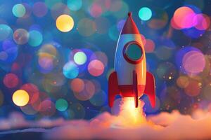 A playful toy rocket stands ready for an imaginary journey, set against a magical, colorful bokeh background. photo