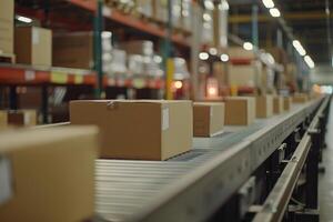 Closeup of multiple cardboard box packages seamlessly moving along a conveyor belt in a warehouse fulfillment center, a snapshot of e-commerce, delivery, automation, and products. photo