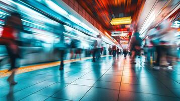 Commuters silhouettes in subway or train station with fast-moving train. Rush Hour in public transport with abstract colorful light trails photo