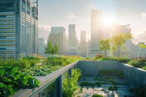 Eco-friendly rooftop garden in city. Carbon reduction and sustainable building for net-zero emissions and urban sustainability. CO2 reduction and global warming mitigation with green rooftop design photo