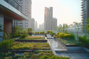Eco-friendly rooftop garden in city. Carbon reduction and sustainable building for net-zero emissions and urban sustainability. CO2 reduction and global warming mitigation with green rooftop design photo