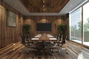 Wooden office interior with meeting table and chairs, tv screen and window photo