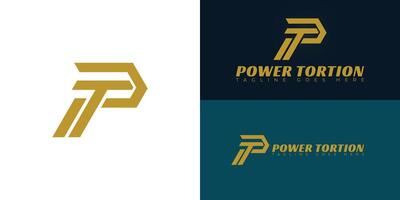 Abstract initial letter PT or TP logo in gold color isolated on multiple background colors. The logo is suitable for fitness and supplements brand logo design illustration inspiration templates vector