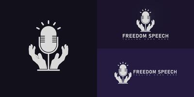 The microphone logo with a clenched fist is illustrated as a free speech logo in white color isolated on multiple background colors. The logo is suitable for speech freedom podcast logo design vector