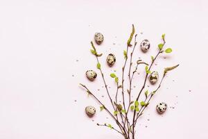 Spring Bouquet of young blooming twigs and quail eggs. Happy easter concept photo