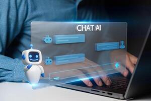A person typing on a laptop with a holographic interface displaying a chat AI system. photo