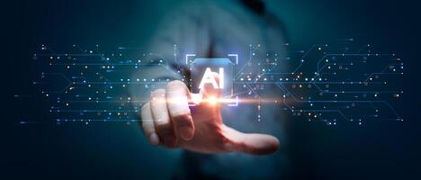 A close-up of a hand reaching out and touching a glowing AI icon, representing the interaction with artificial intelligence technology. photo