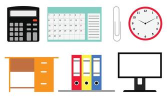 Calculator, calendar, paper clip, clock, desk, folder, and computer monitor for office supply illustration vector