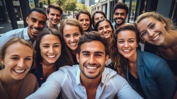 Group of people taking a selfie with corporate staff, teamwork, unity, memory, and diversity photo