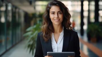 Businesswoman using tablet for data research or social media with smile at office photo