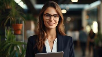 Businesswoman using tablet for data research or social media with smile at office photo