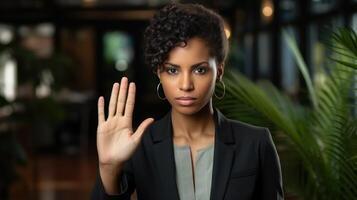 Businesswoman rejecting an offer or idea at work photo