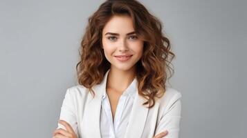 Happy businesswoman portrait and space or mockup on white background with a smile for advertising photo