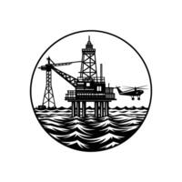 create an oil rig on ocean with sun behind it with vector