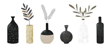 Six minimalist vases with plants on a white background. Wall art with nordic vases and plants for a rustic aesthetic. Grunge texture. Brown, beige, gray white, color. vector