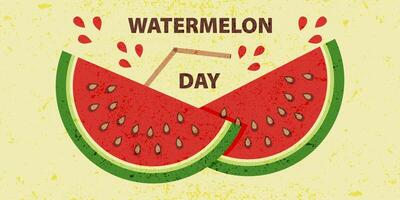 Watermelon day greeting card with two slices of watermelon and straw. Vintage banner with grunge texture with a slice of juicy watermelon in flat style. vector