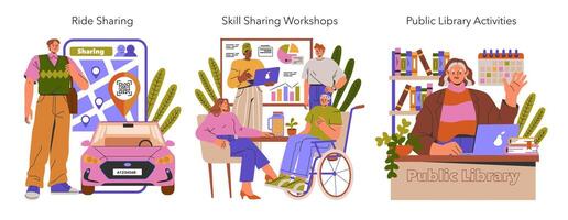 Community Initiatives Ride Sharing, Skill Workshops, Library Activities vector