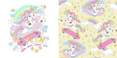 Unicorn on a skateboard illustration and seamless pattern set vector