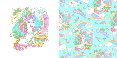 Unicorn with a drum illustration and seamless pattern set vector